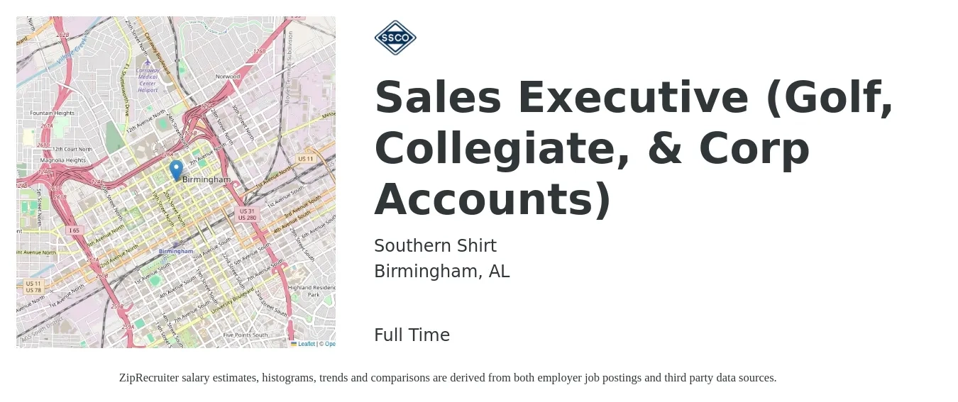 Southern Shirt job posting for a Sales Executive (Golf, Collegiate, & Corp Accounts) in Birmingham, AL with a salary of $50,100 to $78,700 Yearly with a map of Birmingham location.