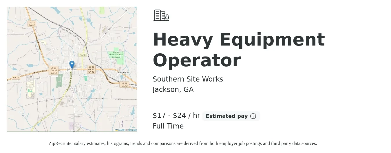 Southern Site Works job posting for a Heavy Equipment Operator in Jackson, GA with a salary of $18 to $25 Hourly with a map of Jackson location.