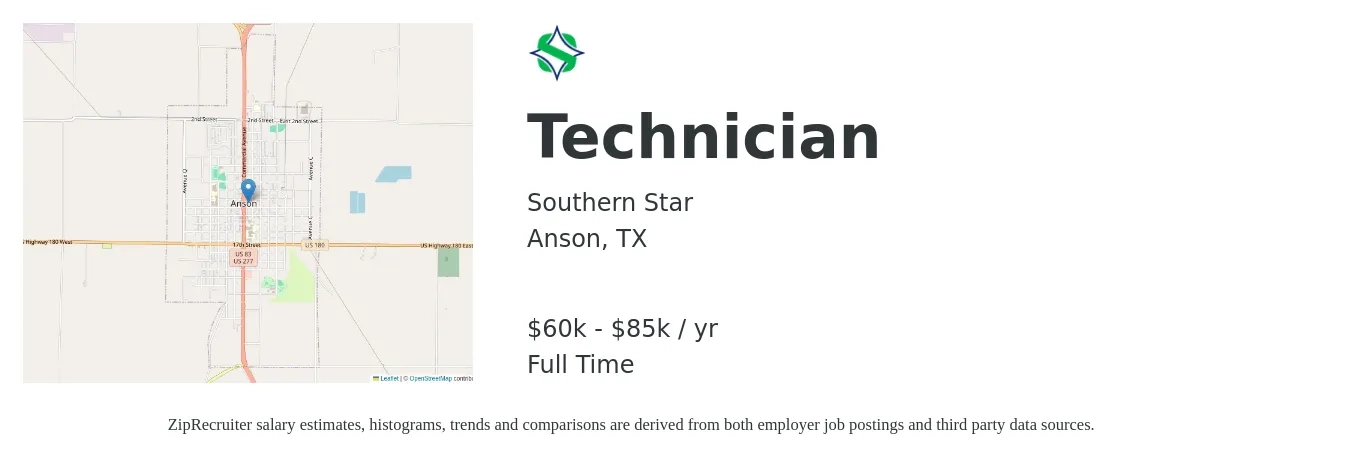 Southern Star job posting for a Technician in Anson, TX with a salary of $60,000 to $85,000 Yearly with a map of Anson location.