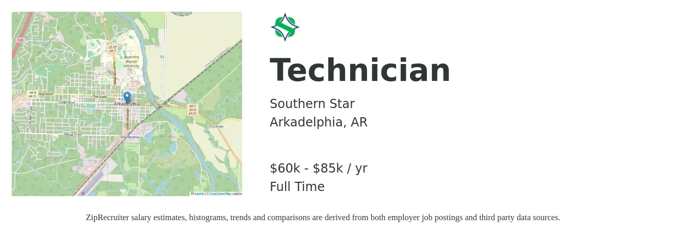 Southern Star job posting for a Technician in Arkadelphia, AR with a salary of $60,000 to $85,000 Yearly with a map of Arkadelphia location.
