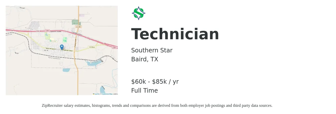 Southern Star job posting for a Technician in Baird, TX with a salary of $60,000 to $85,000 Yearly with a map of Baird location.
