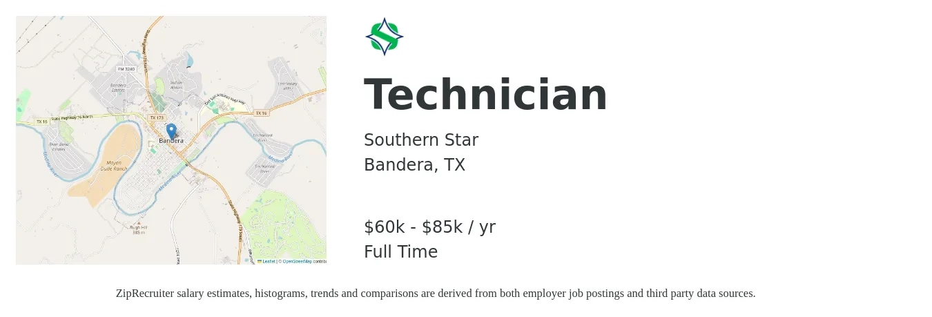 Southern Star job posting for a Technician in Bandera, TX with a salary of $60,000 to $85,000 Yearly with a map of Bandera location.