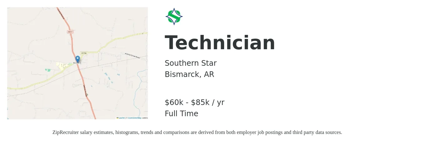 Southern Star job posting for a Technician in Bismarck, AR with a salary of $60,000 to $85,000 Yearly with a map of Bismarck location.