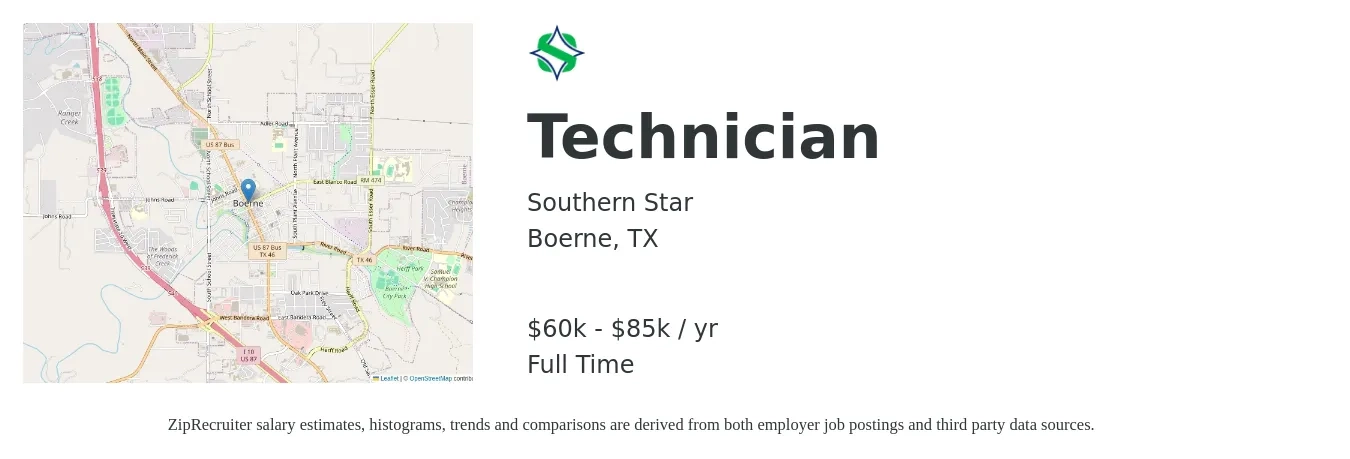 Southern Star job posting for a Technician in Boerne, TX with a salary of $60,000 to $85,000 Yearly with a map of Boerne location.