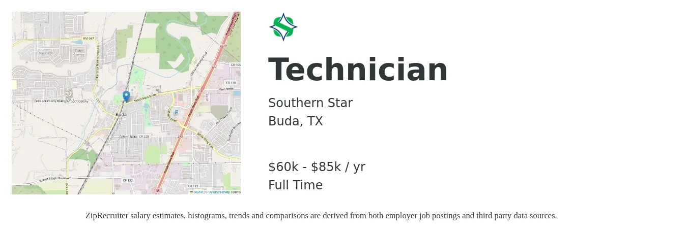 Southern Star job posting for a Technician in Buda, TX with a salary of $60,000 to $85,000 Yearly with a map of Buda location.