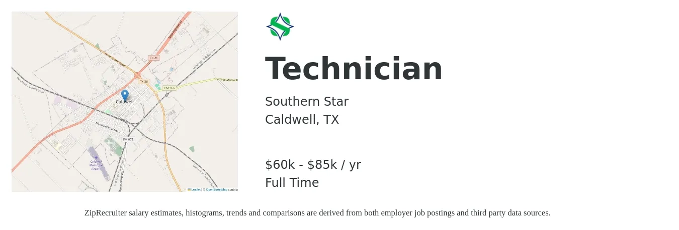 Southern Star job posting for a Technician in Caldwell, TX with a salary of $60,000 to $85,000 Yearly with a map of Caldwell location.