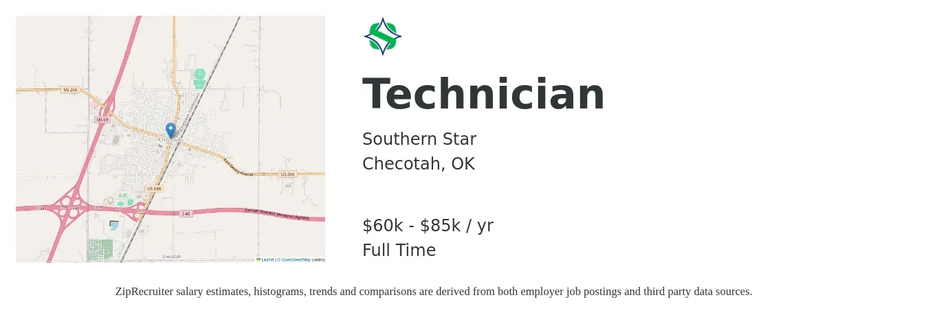 Southern Star job posting for a Technician in Checotah, OK with a salary of $60,000 to $85,000 Yearly with a map of Checotah location.