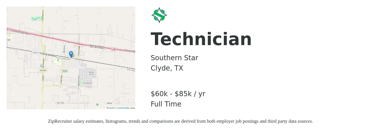 Southern Star job posting for a Technician in Clyde, TX with a salary of $60,000 to $85,000 Yearly with a map of Clyde location.