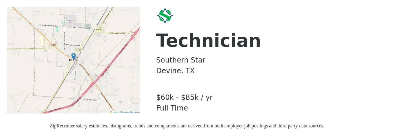 Southern Star job posting for a Technician in Devine, TX with a salary of $60,000 to $85,000 Yearly with a map of Devine location.