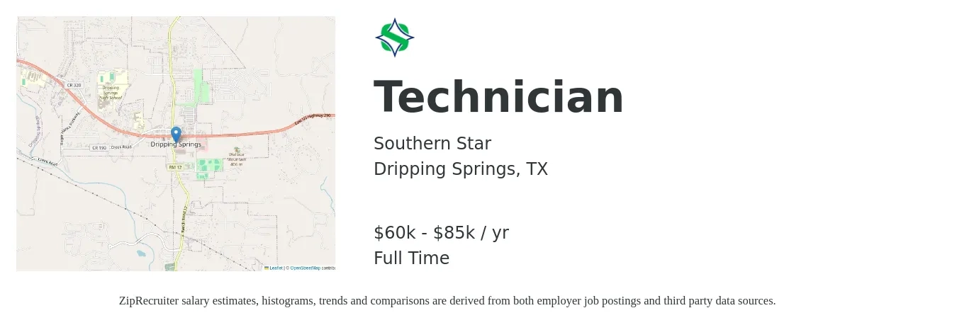 Southern Star job posting for a Technician in Dripping Springs, TX with a salary of $60,000 to $85,000 Yearly with a map of Dripping Springs location.