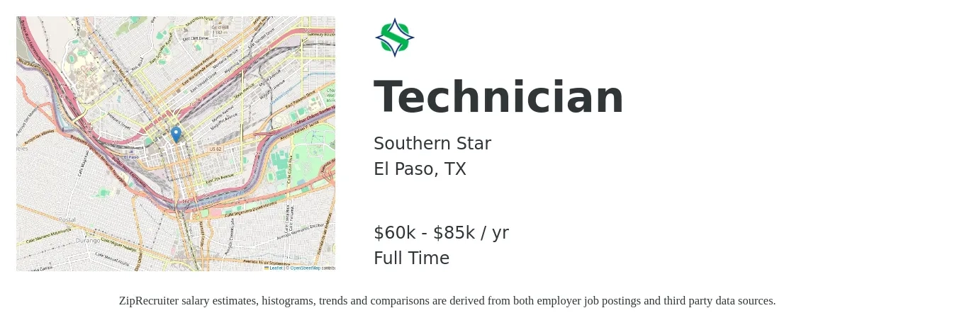 Southern Star job posting for a Technician in El Paso, TX with a salary of $60,000 to $85,000 Yearly with a map of El Paso location.