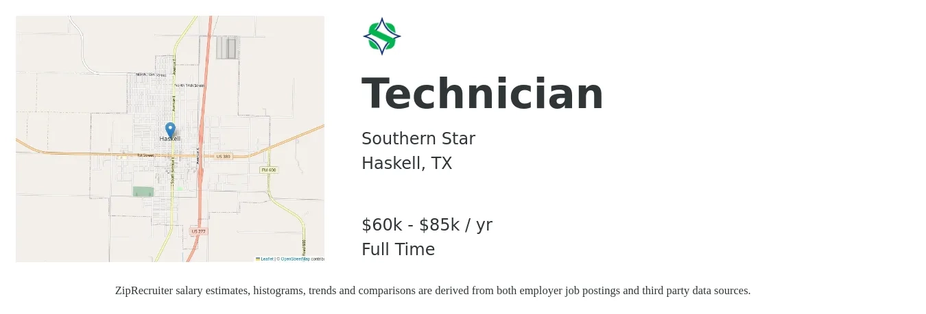 Southern Star job posting for a Technician in Haskell, TX with a salary of $60,000 to $85,000 Yearly with a map of Haskell location.