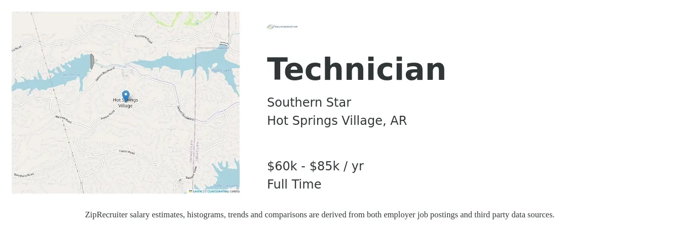 Southern Star job posting for a Technician in Hot Springs Village, AR with a salary of $60,000 to $85,000 Yearly with a map of Hot Springs Village location.