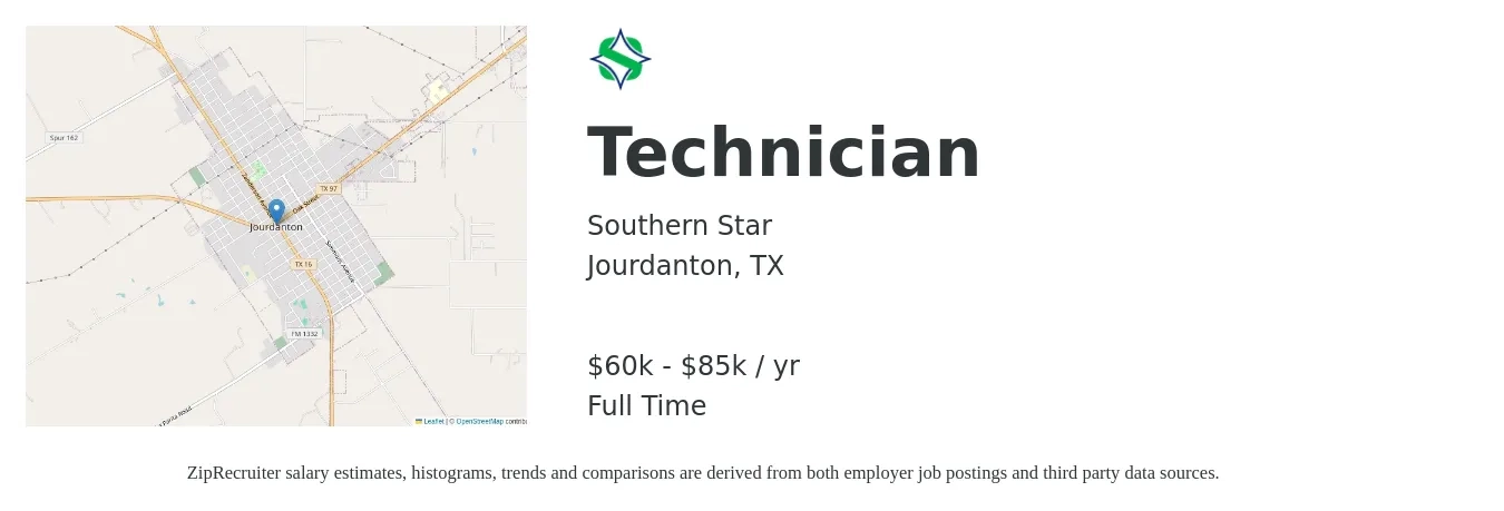 Southern Star job posting for a Technician in Jourdanton, TX with a salary of $60,000 to $85,000 Yearly with a map of Jourdanton location.