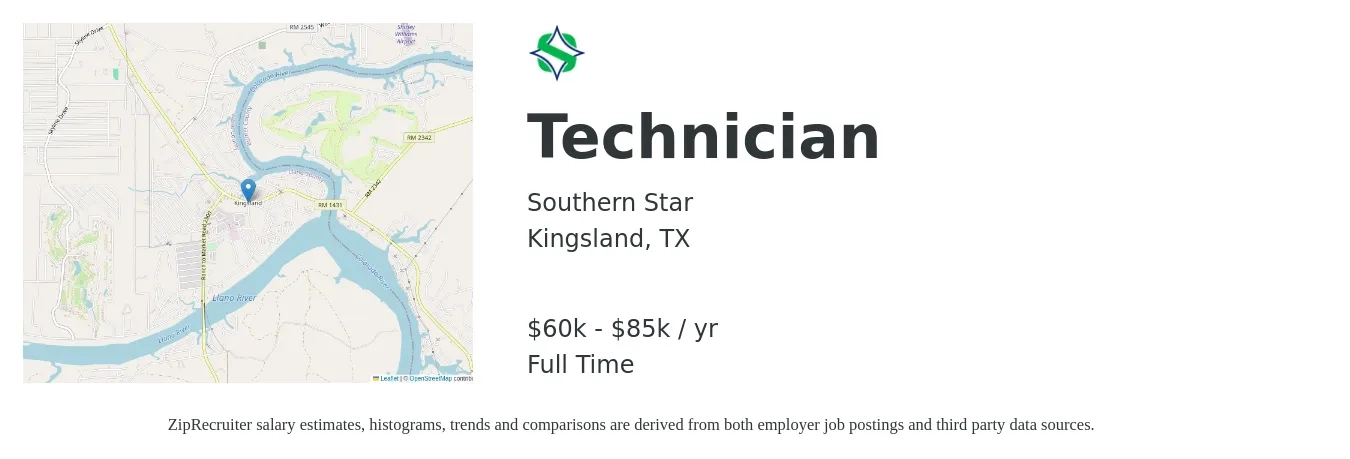 Southern Star job posting for a Technician in Kingsland, TX with a salary of $60,000 to $85,000 Yearly with a map of Kingsland location.