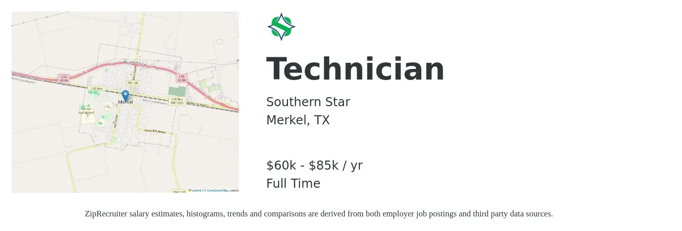 Southern Star job posting for a Technician in Merkel, TX with a salary of $60,000 to $85,000 Yearly with a map of Merkel location.