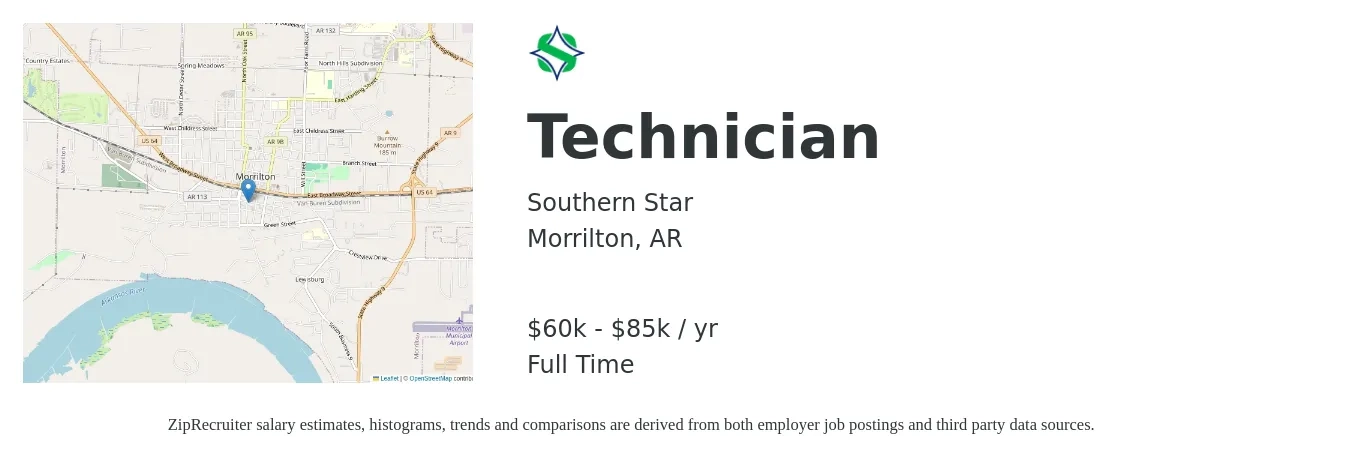 Southern Star job posting for a Technician in Morrilton, AR with a salary of $60,000 to $85,000 Yearly with a map of Morrilton location.