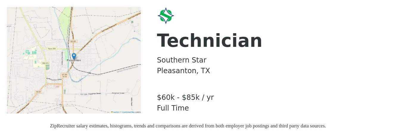 Southern Star job posting for a Technician in Pleasanton, TX with a salary of $60,000 to $85,000 Yearly with a map of Pleasanton location.