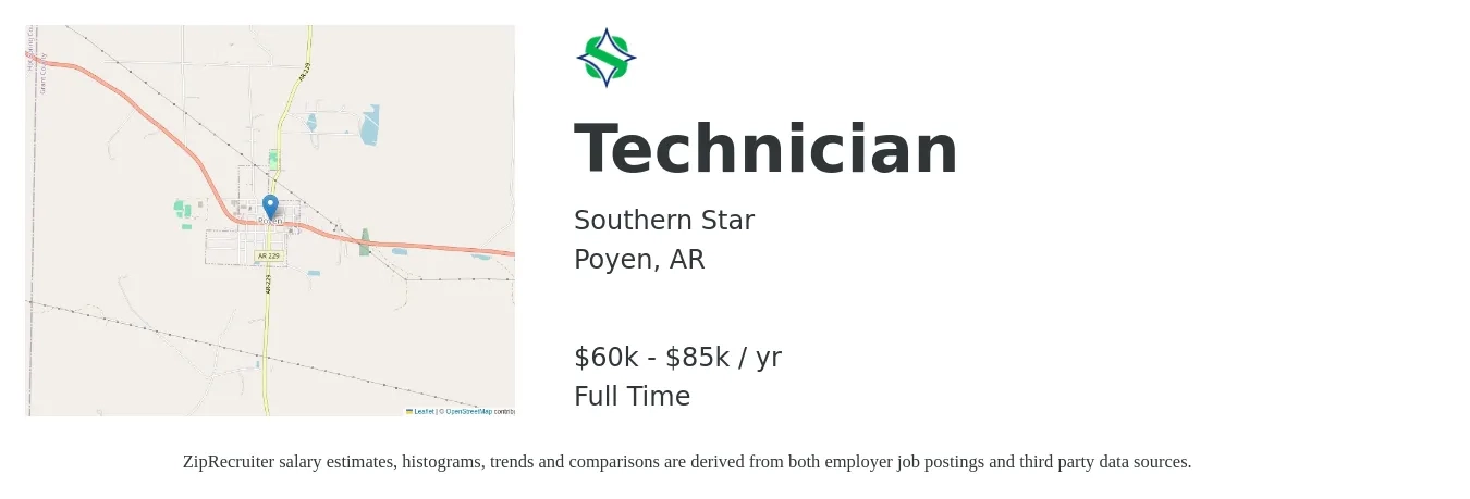 Southern Star job posting for a Technician in Poyen, AR with a salary of $60,000 to $85,000 Yearly with a map of Poyen location.