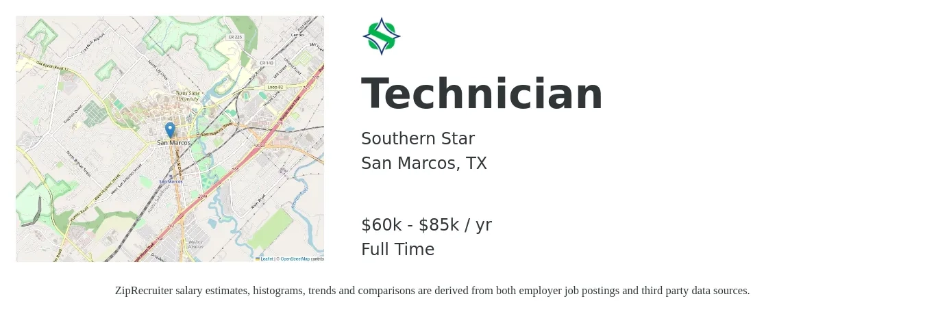 Southern Star job posting for a Technician in San Marcos, TX with a salary of $60,000 to $85,000 Yearly with a map of San Marcos location.