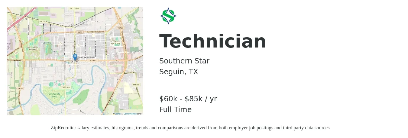 Southern Star job posting for a Technician in Seguin, TX with a salary of $60,000 to $85,000 Yearly with a map of Seguin location.