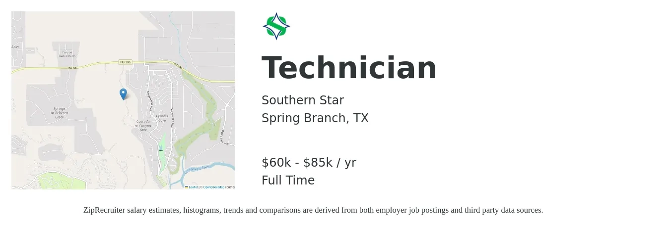 Southern Star job posting for a Technician in Spring Branch, TX with a salary of $60,000 to $85,000 Yearly with a map of Spring Branch location.