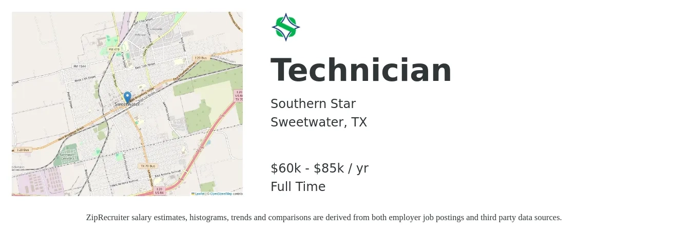 Southern Star job posting for a Technician in Sweetwater, TX with a salary of $60,000 to $85,000 Yearly with a map of Sweetwater location.