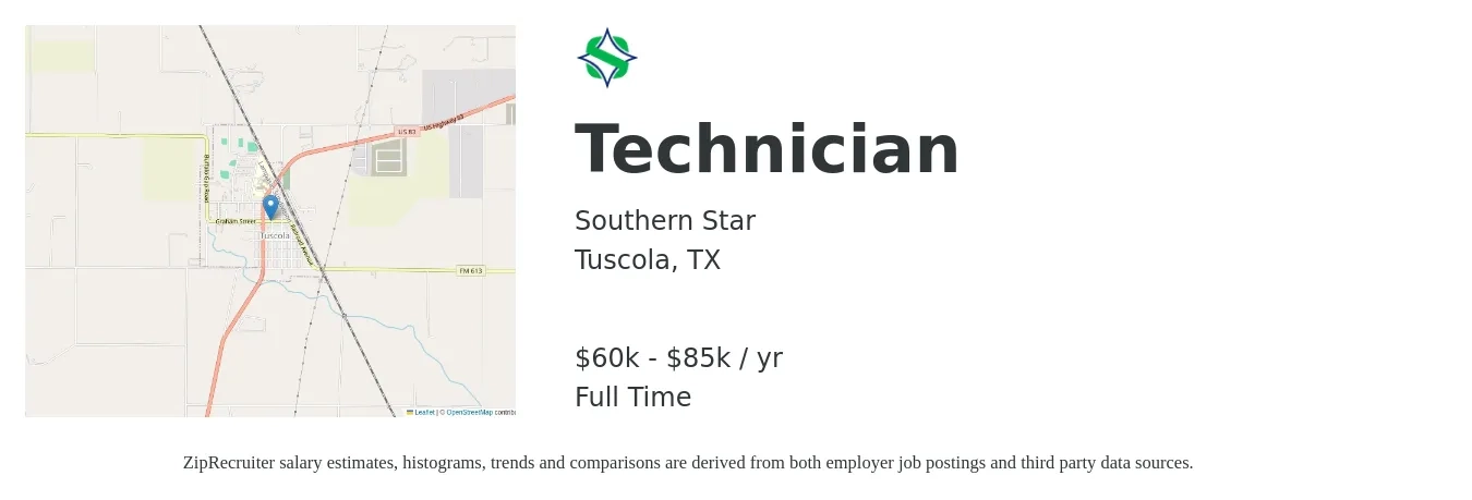 Southern Star job posting for a Technician in Tuscola, TX with a salary of $60,000 to $85,000 Yearly with a map of Tuscola location.