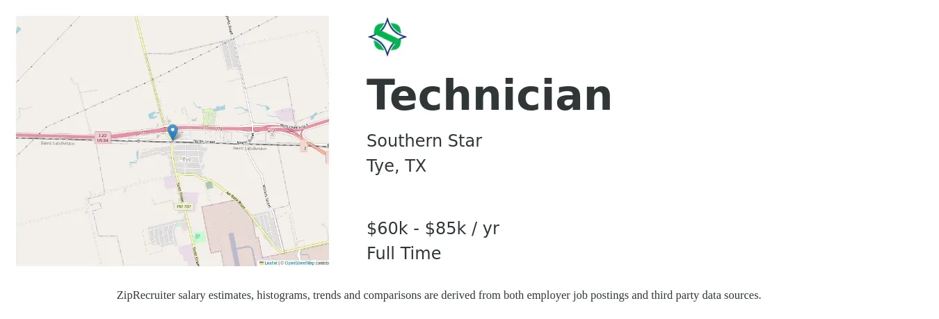 Southern Star job posting for a Technician in Tye, TX with a salary of $60,000 to $85,000 Yearly with a map of Tye location.