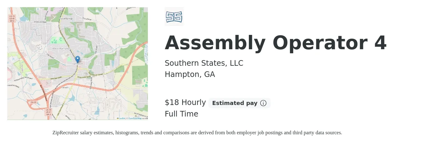 Southern States, LLC job posting for a Assembly Operator 4 in Hampton, GA with a salary of $20 Hourly with a map of Hampton location.