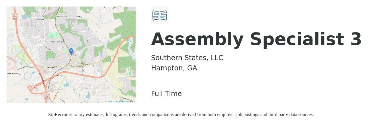 Southern States, LLC job posting for a Assembly Specialist 3 in Hampton, GA with a salary of $19 to $20 Hourly with a map of Hampton location.