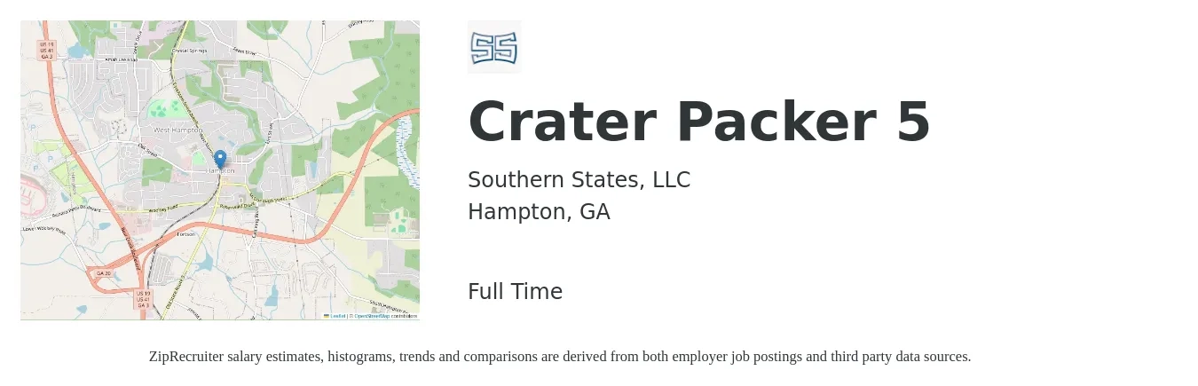 Southern States, LLC job posting for a Crater Packer 5 in Hampton, GA with a salary of $20 to $22 Hourly with a map of Hampton location.