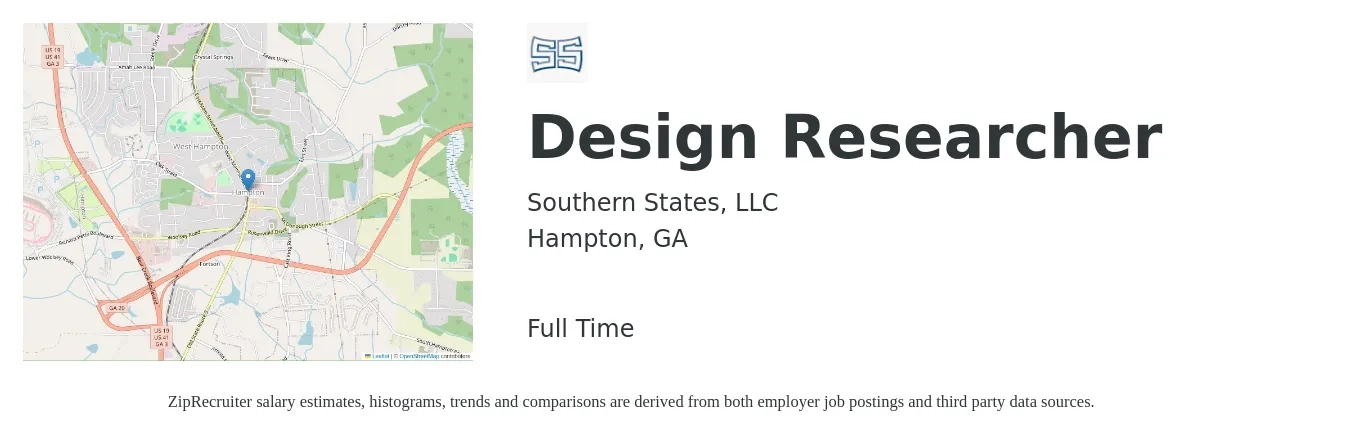 Southern States, LLC job posting for a Design Researcher in Hampton, GA with a salary of $65,600 to $150,800 Yearly with a map of Hampton location.