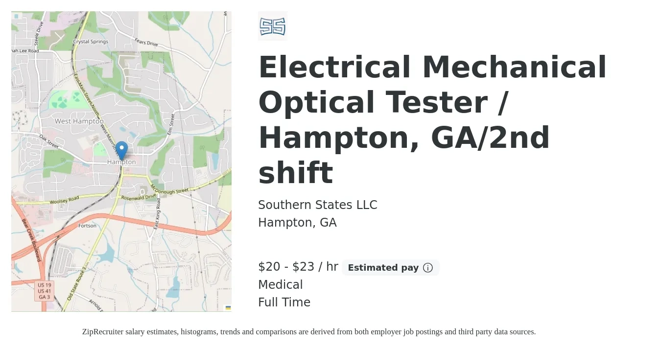 Southern States LLC job posting for a Electrical Mechanical Optical Tester / Hampton, GA/2nd shift in Hampton, GA with a salary of $21 to $24 Hourly and benefits including medical, pto, and life_insurance with a map of Hampton location.