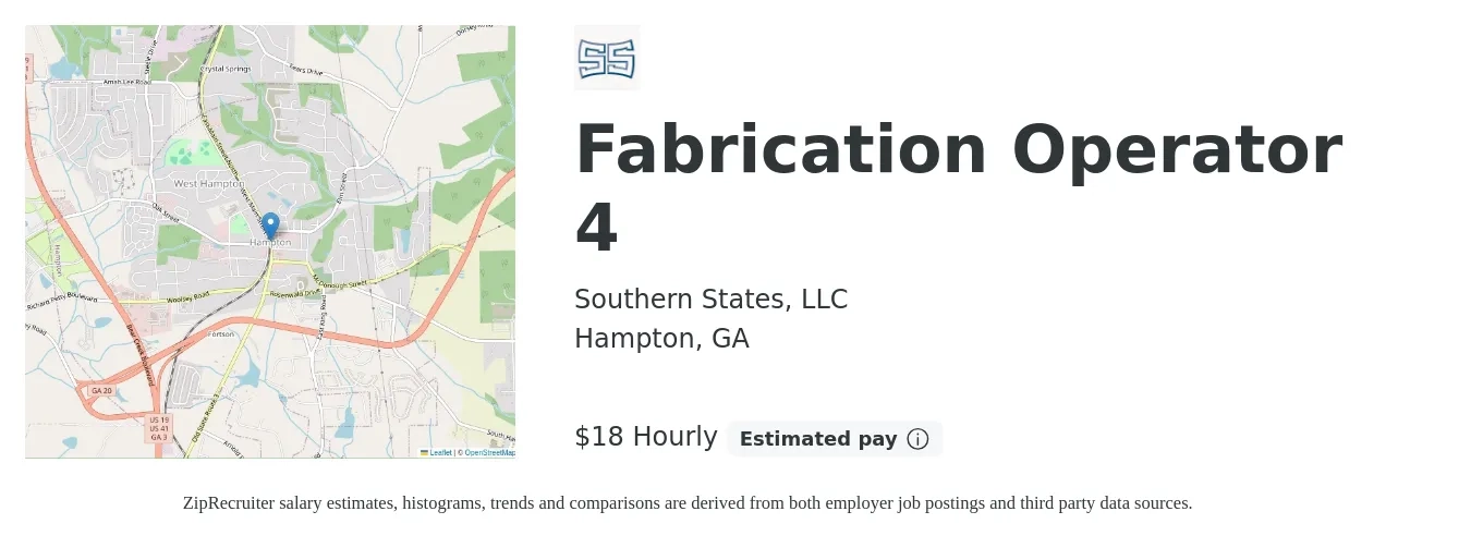 Southern States, LLC job posting for a Fabrication Operator 4 in Hampton, GA with a salary of $20 Hourly with a map of Hampton location.