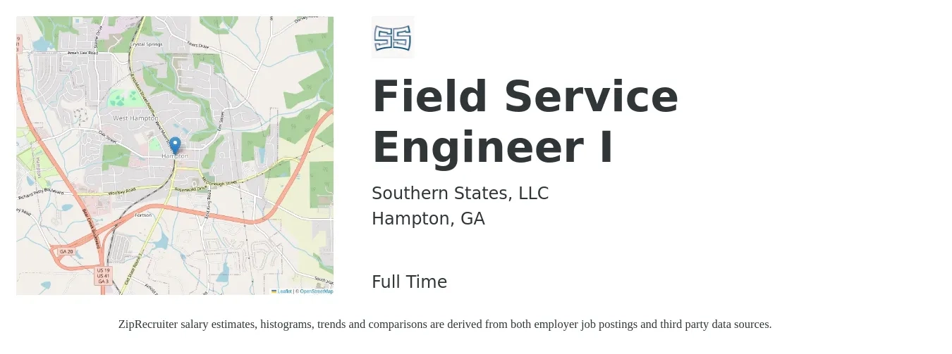 Southern States, LLC job posting for a Field Service Engineer I in Hampton, GA with a salary of $55,800 to $82,700 Yearly with a map of Hampton location.