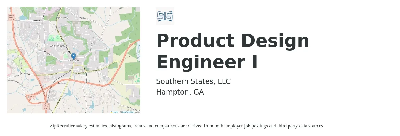 Southern States, LLC job posting for a Product Design Engineer I in Hampton, GA with a salary of $126,300 to $151,700 Yearly with a map of Hampton location.
