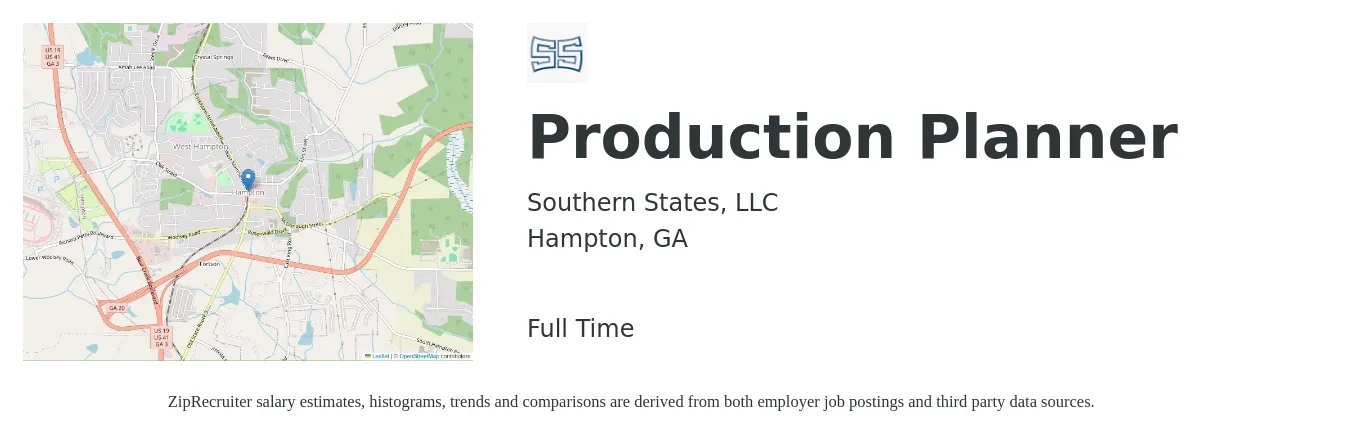 Southern States, LLC job posting for a Production Planner in Hampton, GA with a salary of $26 to $36 Hourly with a map of Hampton location.