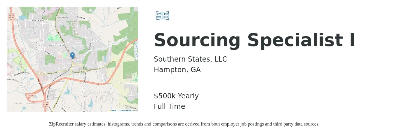 Southern States, LLC job posting for a Sourcing Specialist I in Hampton, GA with a salary of $500,000 Yearly with a map of Hampton location.