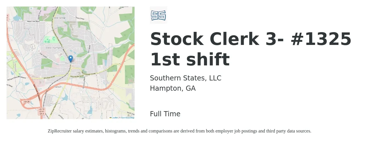 Southern States, LLC job posting for a Stock Clerk 3- #1325 1st shift in Hampton, GA with a salary of $16 to $19 Hourly with a map of Hampton location.