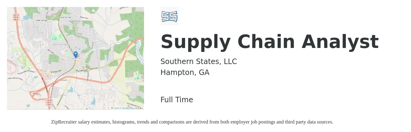 Southern States, LLC job posting for a Supply Chain Analyst in Hampton, GA with a salary of $57,800 to $81,700 Yearly with a map of Hampton location.