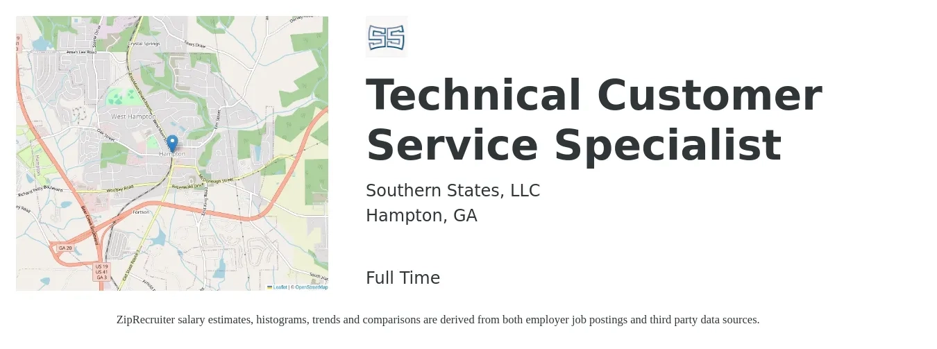 Southern States, LLC job posting for a Technical Customer Service Specialist in Hampton, GA with a salary of $17 to $22 Hourly with a map of Hampton location.