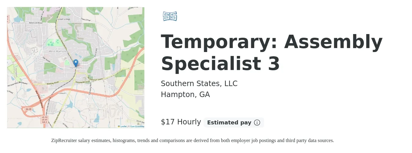 Southern States, LLC job posting for a Temporary: Assembly Specialist 3 in Hampton, GA with a salary of $18 Hourly with a map of Hampton location.