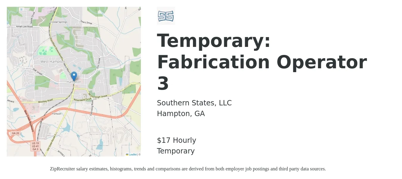 Southern States, LLC job posting for a Temporary: Fabrication Operator 3 in Hampton, GA with a salary of $20 Hourly with a map of Hampton location.