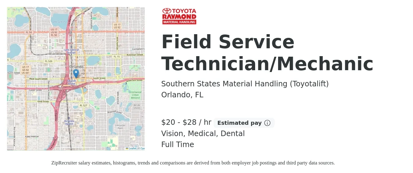 Southern States Material Handling (Toyotalift) job posting for a Field Service Technician/Mechanic in Orlando, FL with a salary of $21 to $30 Hourly and benefits including dental, life_insurance, medical, pto, retirement, and vision with a map of Orlando location.