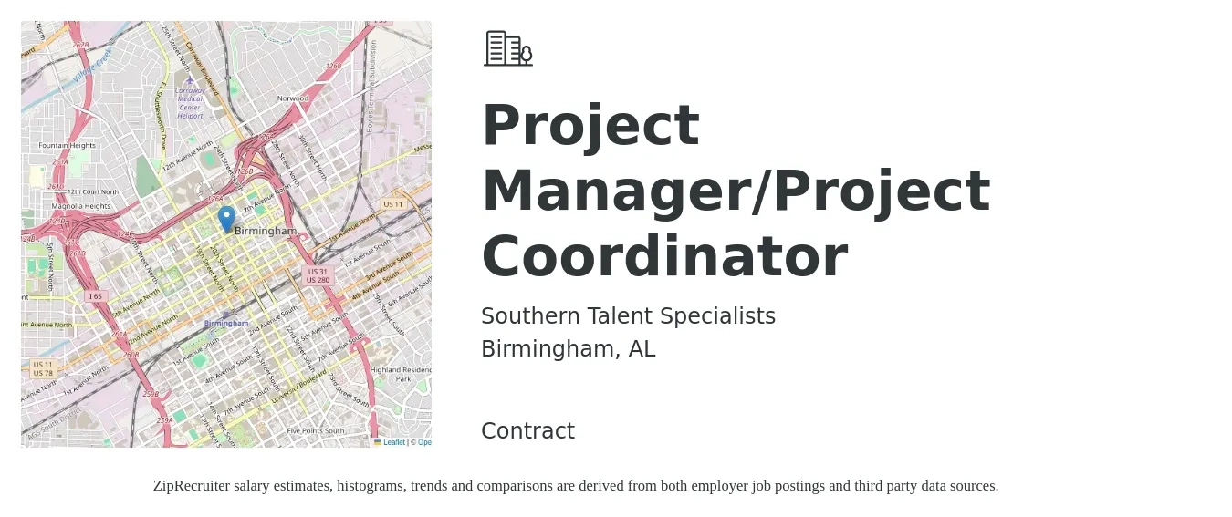 Southern Talent Specialists job posting for a Project Manager/Project Coordinator in Birmingham, AL with a salary of $28 to $43 Hourly with a map of Birmingham location.