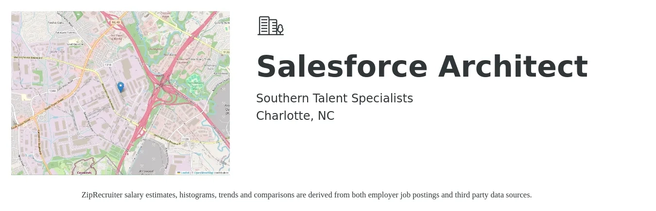 Southern Talent Specialists job posting for a Salesforce Architect in Charlotte, NC with a salary of $68 to $84 Hourly with a map of Charlotte location.