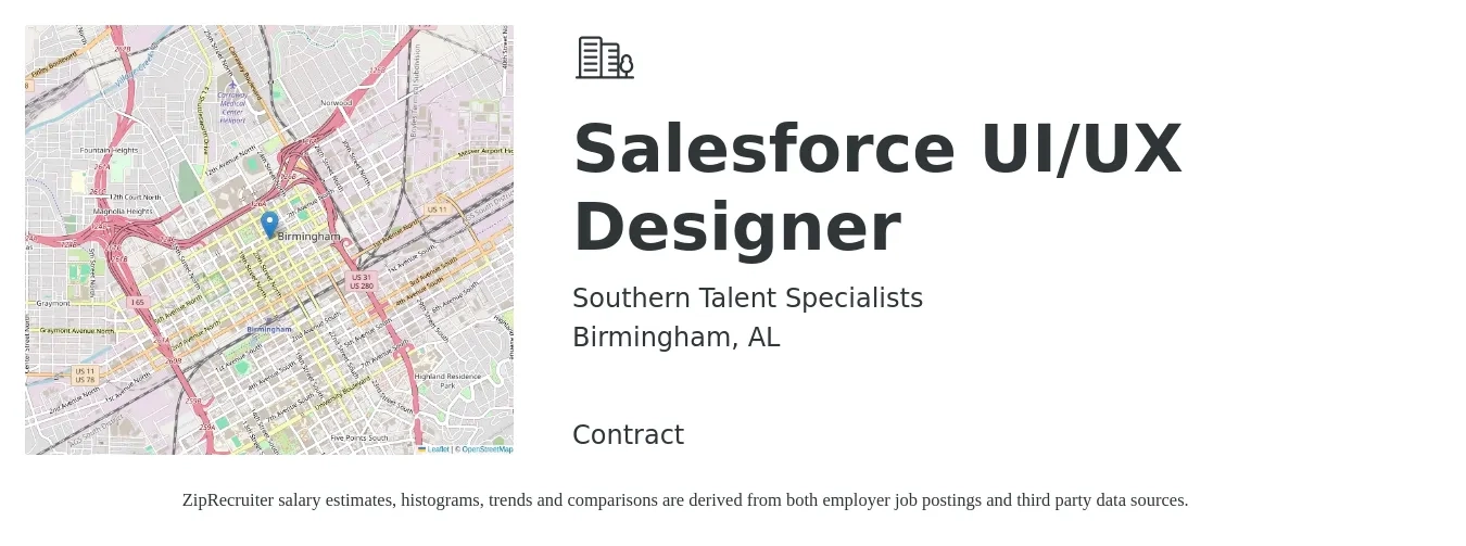 Southern Talent Specialists job posting for a Salesforce UI/UX Designer in Birmingham, AL with a salary of $40 to $63 Hourly with a map of Birmingham location.