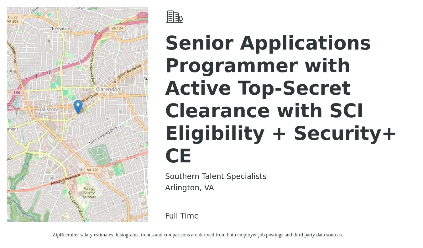 Southern Talent Specialists job posting for a Senior Applications Programmer with Active Top-Secret Clearance with SCI Eligibility + Security+ CE in Arlington, VA with a salary of $52 to $74 Hourly with a map of Arlington location.