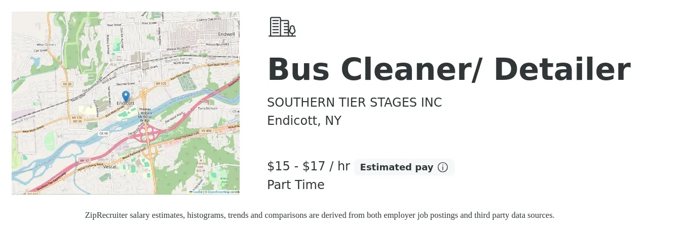 SOUTHERN TIER STAGES INC job posting for a Bus Cleaner/ Detailer in Endicott, NY with a salary of $16 to $18 Hourly with a map of Endicott location.